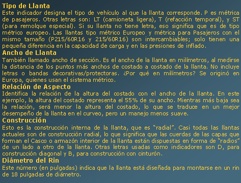 Cuadro de texto: Tipo de LlantaEste indicador designa el tipo de vehculo al que la llanta corresponde. P es mtrica de pasajeros. Otras letras son: LT (camioneta ligera), T (refaccin temporal), y ST (para remolque especial). Si su llanta no tiene letra, eso significa que es de tipo mtrico europeo. Las llantas tipo mtrico Europeo y mtrica para Pasajeros con el mismo tamao (P215/60R16 y 215/60R16) son intercambiables; solo tienen una pequea diferencia en la capacidad de carga y en las presiones de inflado.Ancho de LlantaTambin llamado ancho de seccin. Es el ancho de la llanta en milmetros, al medirse la distancia de los puntos ms anchos de costado a costado de la llanta. No incluye letras o bandas decorativas/protectoras. Por qu en milmetros? Se origin en Europa, quienes usan el sistema mtrico.Relacin de AspectoIdentifica la relacin de la altura del costado con el ancho de la llanta. En este ejemplo, la altura del costado representa el 55% de su ancho. Mientras ms baja sea la relacin, ser menor la altura del costado, lo que se traduce en un mejor desempeo de la llanta en el curveo, pero un manejo menos suave.ConstruccinEsto es la construccin interna de la llanta, que es radial. Casi todas las llantas actuales son de construccin radial, lo que significa que las cuerdas de las capas que forman el Casco o armazn interior de la llanta estn dispuestas en forma de radios de un lado a otro de la llanta. Otras letras usadas como indicadores son D, para construccin diagonal y B, para construccin con cinturn. Dimetro del RinEste nmero (en pulgadas) indica que la llanta est diseada para montarse en un rin de 18 pulgadas de dimetro. 