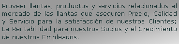 Cuadro de texto: Proveer llantas, productos y servicios relacionados al mercado de las llantas que aseguren Precio, Calidad y Servicio para la satisfaccin de nuestros Clientes; La Rentabilidad para nuestros Socios y el Crecimiento de nuestros Empleados.