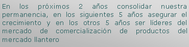 Cuadro de texto: En los prximos 2 aos consolidar nuestra permanencia, en los siguientes 5 aos asegurar el crecimiento y en los otros 5 aos ser lderes del mercado de comercializacin de productos del mercado llantero